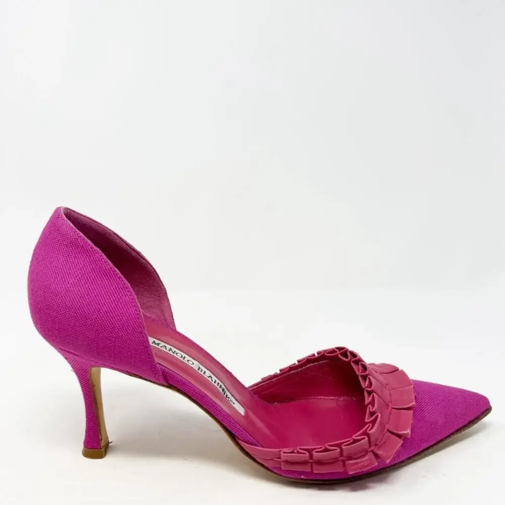 Manolo Blahnik D’Orsay Heels Pink Canvas Pointed Toe Womens Size EU 36.5